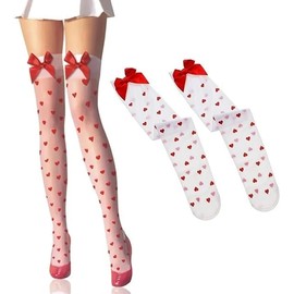 YUNHENTONG Overknees Women's Stockings with Bow Decoration Hearts Motifs Hold-Up Stockings Knee Socks for Valentine's Day Theme Party Carnival, 1 x socks