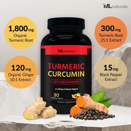 ML Naturals Turmeric Curcumin 90 Vegetable Capsules | Organic Turmeric 1,800 mg | Turmeric Root 7,500 mg Equivalent - 300mg of 25:1 Extract | Non-GMO, Gluten Free | NSF-Certified & cGMP-Compliant