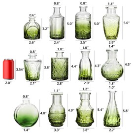 BIGIVACA Glass Bud Vases Set of 12,Small Gradual Green Bud Vases in Bulk,Vintage Flower Vases for Centerpieces,Rustic Wedding,Home,Table Decor