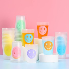Irenare 72 Pieces 9 OZ Reusable Plastic Smile Pattern Drink Cups Plastic Tumbler Kids Drinking Cups Pastel Cute Plastic Cups for Birthday Picnics Sports Event Wedding Bachelorette Party Decorations