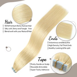 Jerriess Tape in Hair Extensions human hair, 100% Remy Human Hair Tape in extensions, Silky Soft and Full Thickness Tape in extensions human hair 20pcs 40g/pack, Bleach Blonde 16inch(#613)