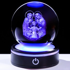 Arikyrist 3.14in Crystal Ball Engraved Jesus Holy Family Figurine with Colorful LED Base Holy Family Statue Catholic, Crystal Praying Hands with Jesus Christian Religious Easter Gifts