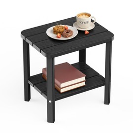 EasyUp Outdoor Side Table & End Table, 2-Tier Waterproof Resin Patio Table, Square End Table with Shelf for Porch, Balcony, Garden, All-Weather Black Outdoor Side Table for Lounge Chairs