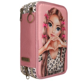 Depesche 13640 TOPModel LEOHEART with Bows Filled 3-Compartment Pencil Case in Pink with Model Motif and Colourful Patches, Pencil Case with Colouring Pencils, Ruler, Scissors and Much More