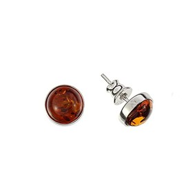 Amber Earrings, Elegant Round Stud Earrings with Amber Set in Rhodium-Plated 925/000 Sterling Silver, Baltic Amber Rhodium-plated 925/000 sterling silver, Amber