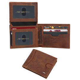 Marc Peter Wallet for Men Slim Bifold RFID Blocking with 2 ID Window up to 14 cards Minimalist Front Pocket Full Grain Leather Wallet and Gift Box Crazy Horse Camel
