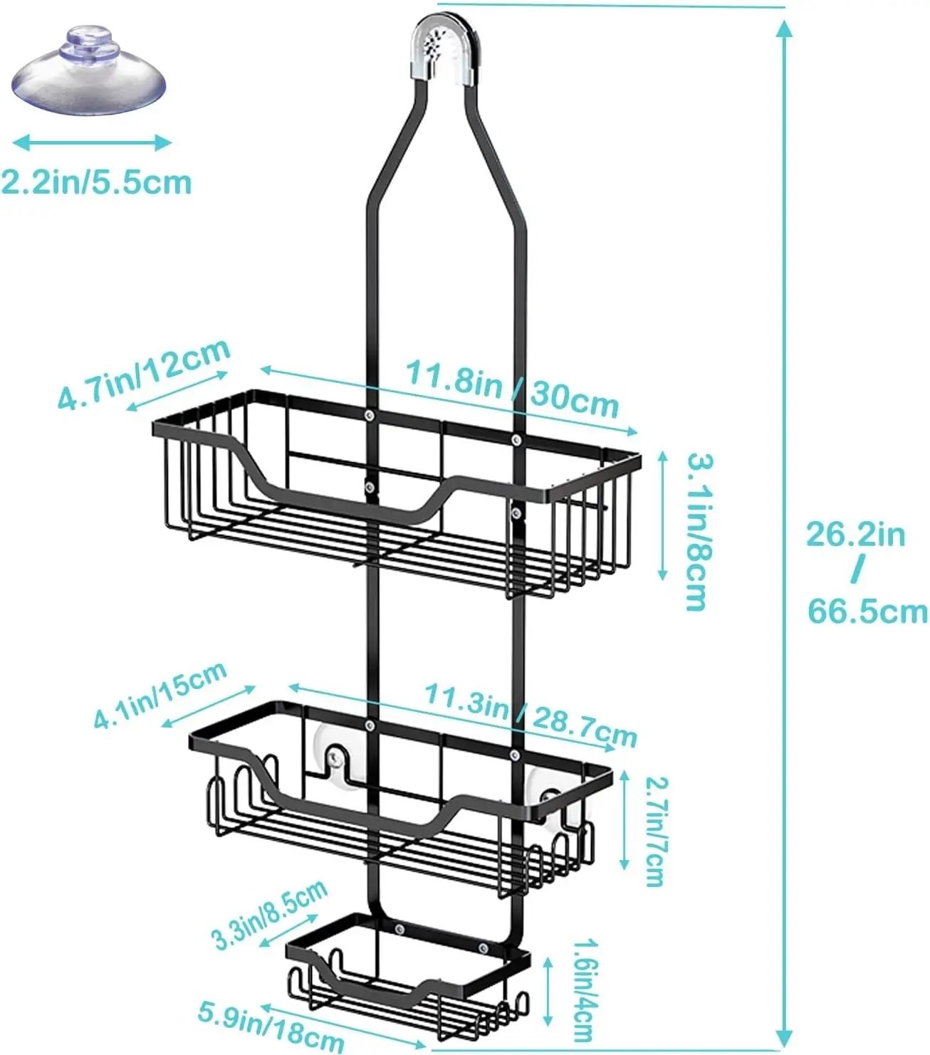 OrganiMax Shower Caddy Organizer – 3-Tier Shelves with Soap Holder and Hooks, Bathroom and College Dorm Shower Storage