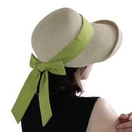 Little & More Women's Straw Hat 2-Way Butterfly Wide Brim Paper Hat UV Bowknot Ribbon Folding Chin Strap, beige/green, 56 to 58 cm
