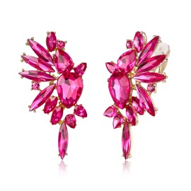 EVER FAITH Crystal Fashion Statement Cluster Earrings, Art Deco Bling Colorful Marquise Teardrop Dangle Clip-on Earrings for Women Hot Pink Gold-Tone