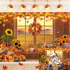 Fall Window Backdrop for Photography Autumn Pumpkin Maple Leaf Sunflower Background for Autumn Birthday Baby Shower Thanksgiving Party Banner Photo Booth Props (7x5FT（210x150cm）)