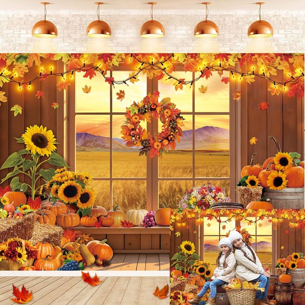 Fall Window Backdrop for Photography Autumn Pumpkin Maple Leaf Sunflower