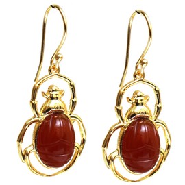 Gempires Carnelian Sacred Egyptian Scarab Beetle Hook Earrings, 14k Gold Plated, Hypoallergenic, 2-Inch Drop, Unique Statement Jewelry for Women, Meaningful Gift for Her (Carnelian)