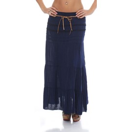 Malito Women's Floor Length Cotton Skirt with Elegant Knitting Pattern & Faux Leather Belt - Maxi Skirt Long with Wide Waistband - Airy Summer Skirt 1116 (One Size UK 6-12), darkblue