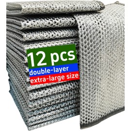 Extra-Large Size 12PCS Multipurpose Wire Dishwashing Rag,Non Scratch Wire Dishcloth, Reusable Steel Wool Scrubber,Non-Scratch&Quick-Drying&Odor-Resistant Multi-Purpose for Kitchen,Bathroom Cleaning