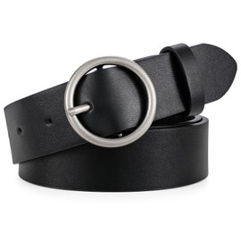 XZQTIVE Women Leather Belt with Circle Silver Buckle Fashion Ladies Waist Belt for Jeans Pants Dresses，Black