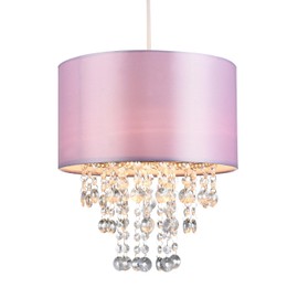 Modern and Eye-Catching Lilac Satin Fabric Pendant Light Shade with Hanging Transparent Acrylic Droplets | 30cm Diameter by Happy Homewares