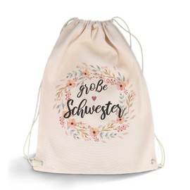 GRAVURZEILE Printed Gym Bag - Big Sister Design - Sports Bag Backpack Daypack Gym Bag with Drawstring - for Sports & Leisure Activities - Gift for Sister - 12 Litres 33 x 45 cm, beige