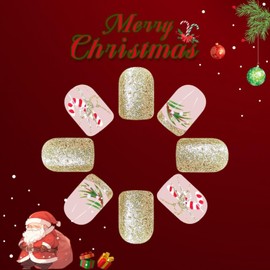 Christmas Press on Nails Short Square French Tip Fake Nails Gold & Nude False Nails with Designs Candy Gold Glitter Glossy Full Cover Winter Glue on Nails Xmas Acrylic Nails for Women Girls 24 Pcs