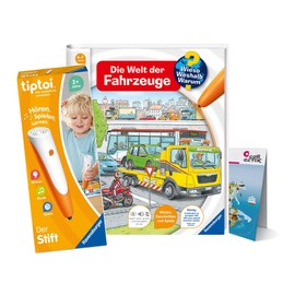 Ravensburger tiptoi Set: Wieso? Weshalb? Warum? Die Welt der Fahrzeuge (Children's Book) + 00110 tiptoi Der Stift + Children's World Map, Educational Toy for Children