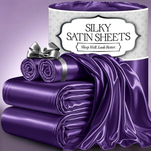 DECOLURE Satin Bed Sheets - 4 Piece Luxury Silky Queen