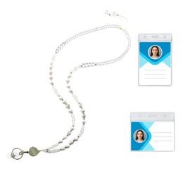 Beaded Lanyards for ID Badges and Keys, Retractable Badge Lanyard for Women, Stylish Teacher Lanyard with ID Holders Metal Reel Keychain (White)