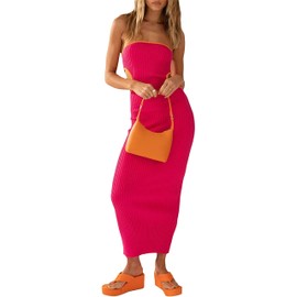 Thopavenoir Women's Knit Strapless Maxi Dress Side Cutout Backless Ribbed Long Dresses Bodycon Y2k Tube Top Beach Dresses (Rose Red, M)