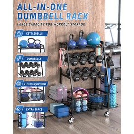 Staransun Staransun Dumbbell Rack Stand - Weight Rack for Dumbbells - Home Gym Storage Rack with 4 Flexible Wheels - Weight Rack for Home Gym with Side Storage and Hooks