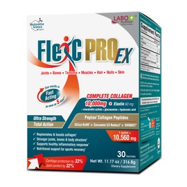 LABO Nutrition FlexC PRO EX con péptido de colágeno tipo I, II y III, sílice soluble en agua orgánica y curcumina C3 reducto, para articulaciones,... 