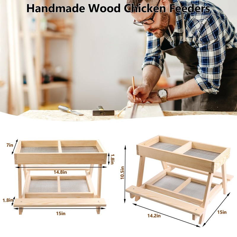 Double Chicken Picnic Table, Large Capacity Wooden Chicken Feeder No