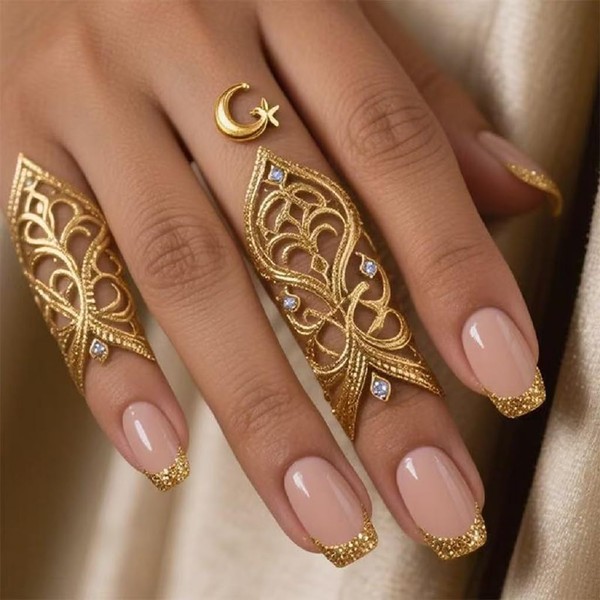 Short Press on Nails Square Fake Nails Gold French Tip