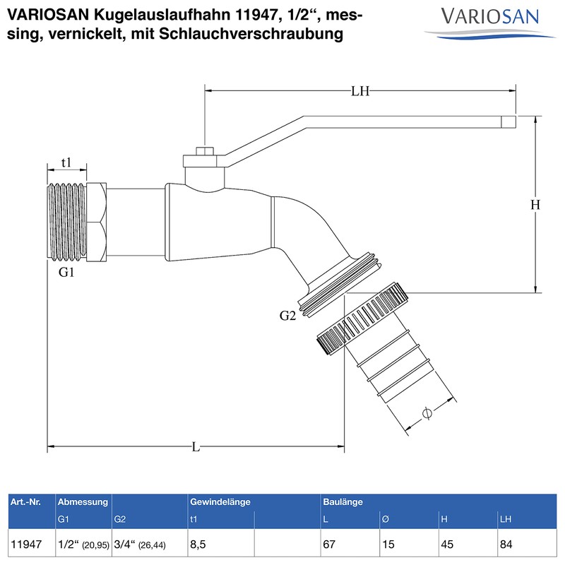 Variosan Ball Tap, Brass, Nickel-Plated, with Hose Fitting