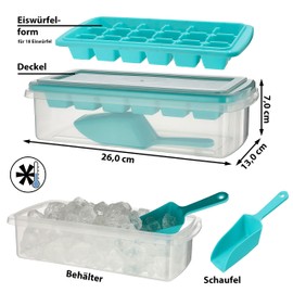 Ice Cube Tray 4 Pieces Polypropylene Turquoise Transparent 26 x 7.5 x 13 cm Box Lid Mould Scoop (1 x Set of 4 Ice Cube Tray)