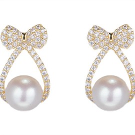 Rhinestone Bow Pearl Stud Earrings for Women Minimalist S925 Sterling Silver Ribbon Knot Hypoallergenic Pierced Earrings for Christmas Wedding Prom Jewelry