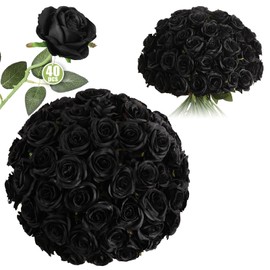 Luyue 40PCS Fake Roses Artificial Flowers with Stems Silk Fake Flowers Bouquet Artificial Long Stem Black Roses in Bulk for Wedding Centerpiece Floral Arrangement Home Decor
