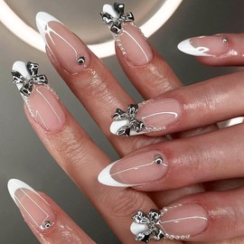 White French Tip Press on Nails Almond Fake Nails Medium False Nails with Silver Bow Charms Design Glue on Nails Pearl Glossy Full Cover Stick on Nails Elegant Acrylic Nails for Women Manicure 24Pcs
