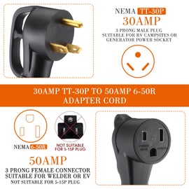1Feet TT-30P to 6-50R Welder Adapter Extension Cord Compatible with NEMA, 30Amp to 50Amp 3 Prong Generator RV to 3 Prong Welder Adapter, STW 10 AWG/3C, 250V 7500 Watt, ETL Listed