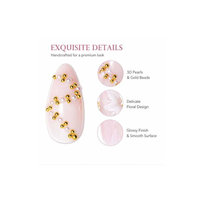 Uñas postizas medianas almendradas, color rosa nude con flores blancas