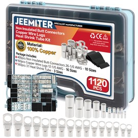 Non Insulated Butt Connectors 26-1/0 AWG,Copper Wire Lugs,Terminal Connectors for AWG12 10 8 6 4 2 0 Cable,Heat Shrink Kit,Wiring Crimps Connector, Bare Copper Crimp Splice Terminal