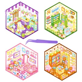 HOMICO 4 Sets Dog 3D Miniature Scene Stickers DIY 3D House Stickers with Tweezers Make Your Own Store Dog Stickers Cat Stickers 3D Sticker Scene