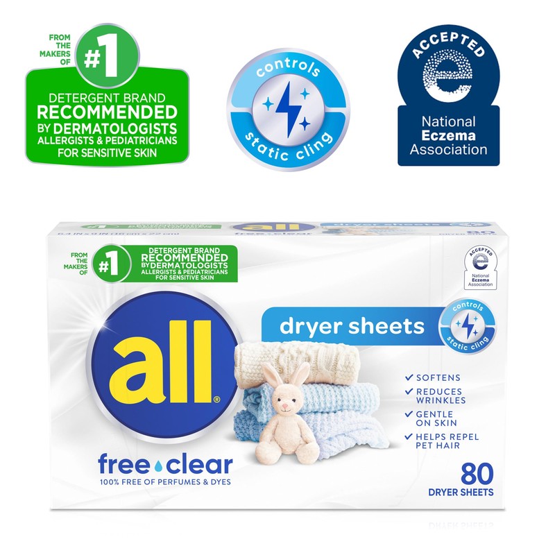 all Fabric Softener Dryer Sheets for Sensitive Skin, Free Clear,