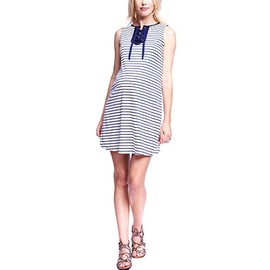 Maternal America Women's Maternity Lace Up Pocket Dress, Stripe/Navy, Medium