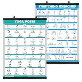 QUICKFIT Yoga Poses and Stretching Exercise Poster Set - Laminated with Plastic Frame 2 Chart Set - Yoga Positions & Stretching Workouts (18" x 24")