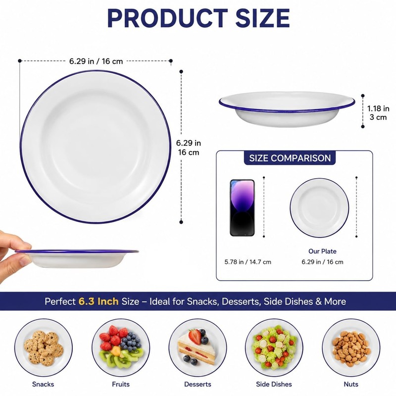 UKCOCO 4 Pcs Small Enamel Plates, 6.3 Inch/16cm Retro White