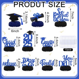 Beeveer 10 Pcs Graduation Decorations Class of 2025, Table Glitter Graduation Centerpieces Honeycomb, Congratulate Grad Table Toppers Decor for 2025 Congrats Grad Party Supplies(Black and Blue)