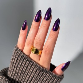 IMRAIN Cat's Eye Press on Nails Almond Medium Fake Nails Dark Purple Handmade Jelly False Nails Gel Glossy Glue on Nails Reusable Acrylic Stick on Nails Manicure Kit for Women 24Pcs