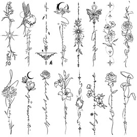 Inkster 16 Piece Minimalist Line Art Temporary Tattoos, Realistic Floral and Word Designs for Women and Girls, Waterproof and Durable, Ideal for Arm, Back and Leg