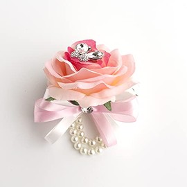 Abbie Home Brooch Jewelry Bouquet - Luxury Bridal Bouquets with Crystal Rhinestone Sparkle Pearls Rose Flowers for Wedding Quinceanera (Pink Wrist Corsage)