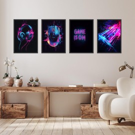 Donari Gaming Poster Set of 4 - Gaming Picture as Decoration for Gaming Room - Wall Decoration for Gamer Rooms LED Look Set A4 Pictures with or without Frame (Motif 3, 21 x 30 cm, Unframed)