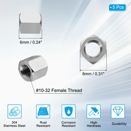 PATIKIL #10-32 UNF 304 Stainless Steel Hex Coupling Nuts, 5 Pcs 6mm/0.24" Length Fully Threaded Rod Coupling Nut Studding Connector Fasteners, Silver Tone