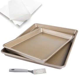 Kitcom Nonstick Cookie Sheet Baking Pan Sets 2 Piece, Heavy Duty Carbon Steel Professional Half Baking Sheets, 17.7x12.8in,14.7x10in, Champagne Gold